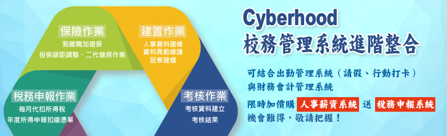 校務管理系統進階整合 結合出勤管理系統（請假、行動打卡）、財務會計管理系統